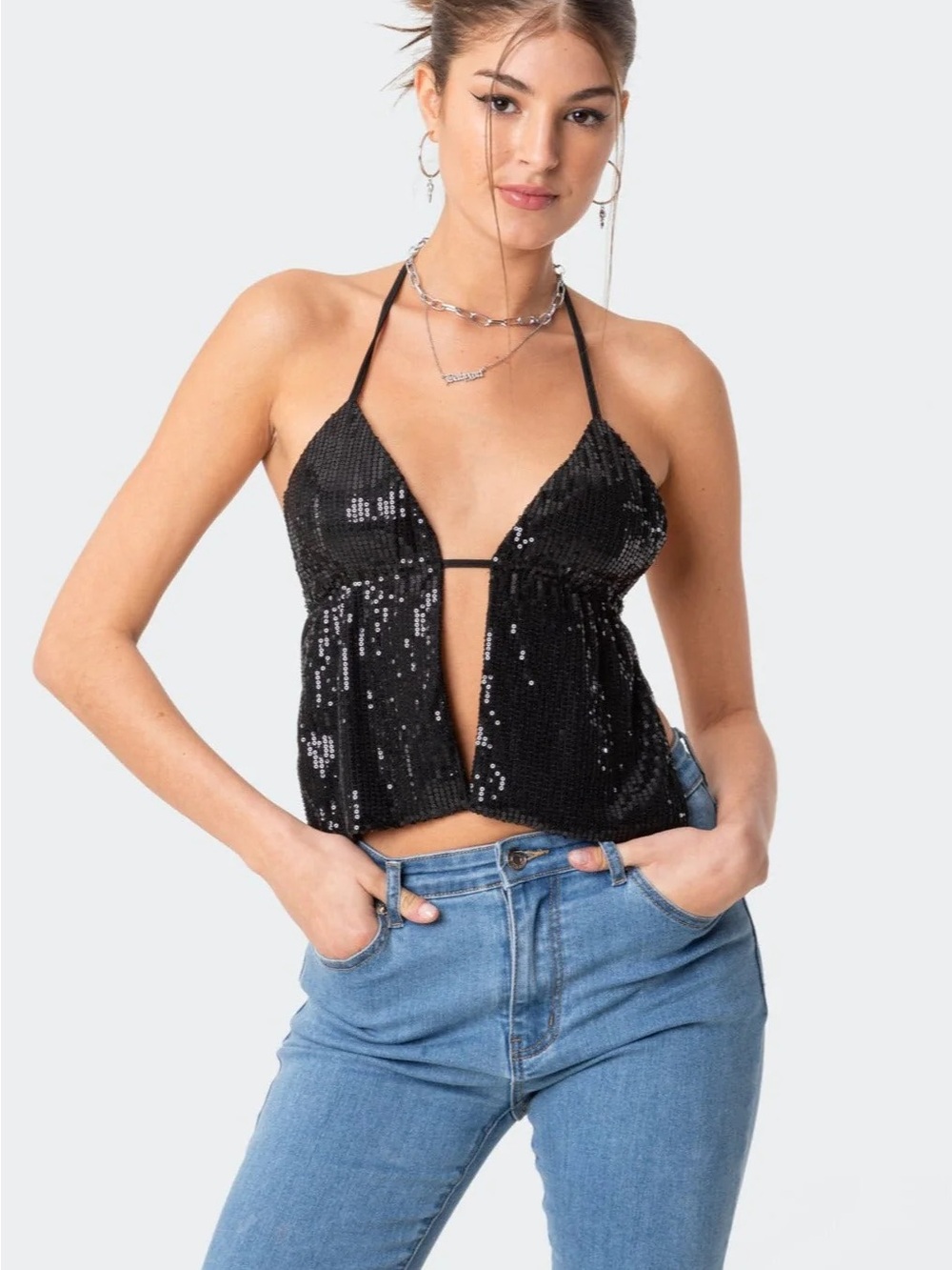 Edikted Black Estelle Open-Back Sequin Top